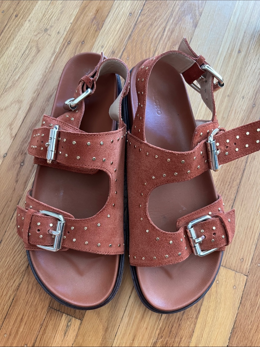 Women's Suede Studded Buckle Sandals in Rust